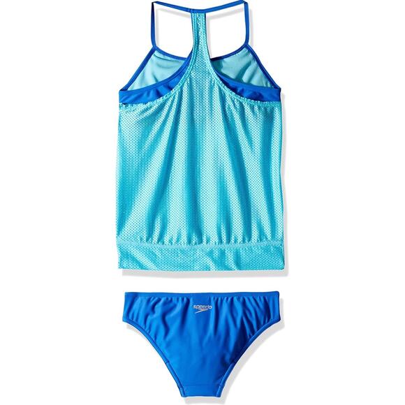Speedo Swimsuit Two Piece Tankini Set Girls 12 Blue Mesh Swimwear UVP NWT - Picture 3 of 12